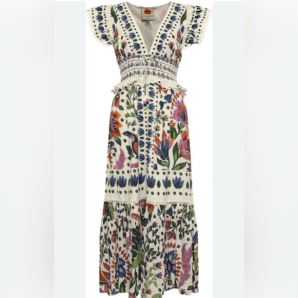 Farm Rio Summer Garden Embroidered Smocked Maxi Dress Floral Cotton XL - Picture 3 of 11